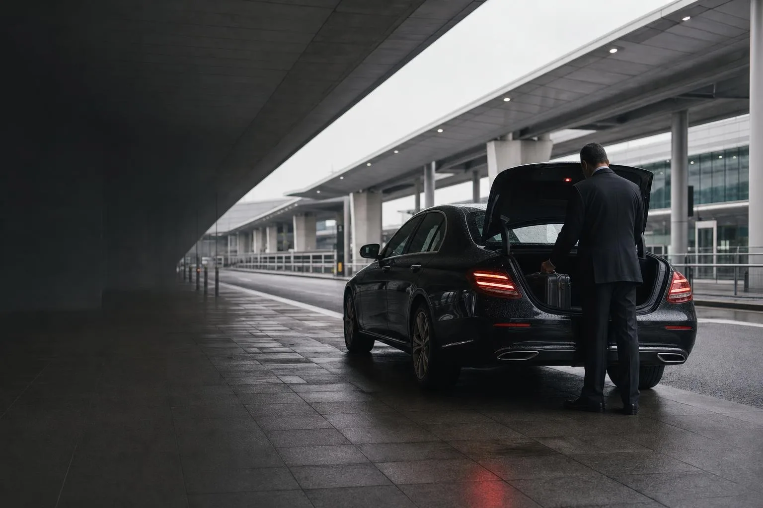 A dark executive saloon waiting at an airport terminal drop-off kerb under a concrete canopy, its boot open and a driver standing beside it.
