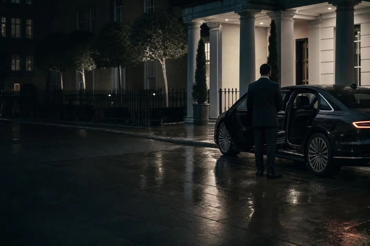 A black executive saloon waiting outside a London hotel portico at dusk, rear door open and a chauffeur standing beside it.