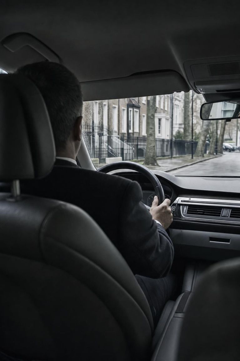 View from the rear seat of an executive car: the chauffeur’s shoulder and hands on the wheel, a London street soft through the windscreen.