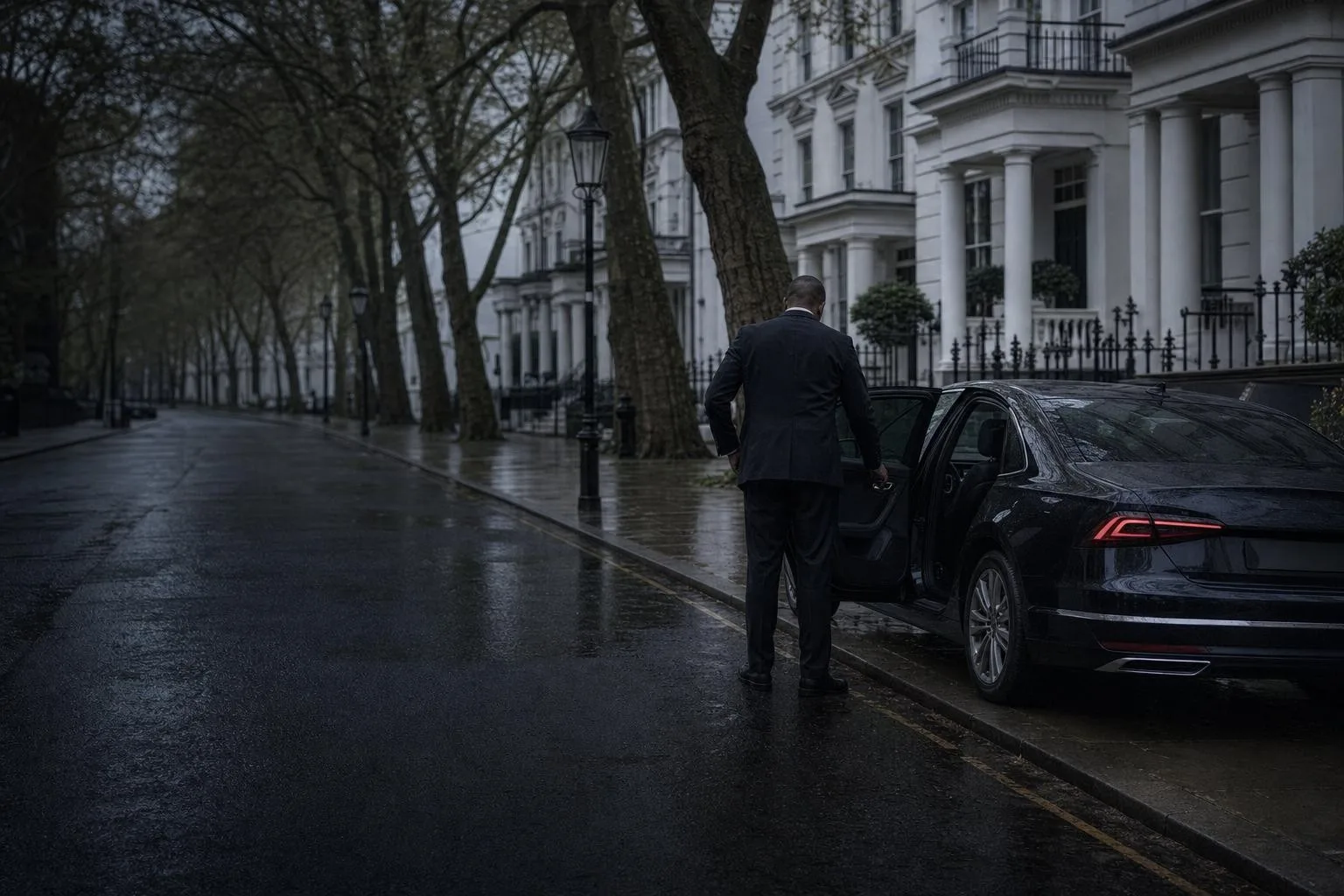 A chauffeur in a dark suit holds open the rear door of a black executive saloon on a quiet, rain-wet street of white stucco terraces in London.