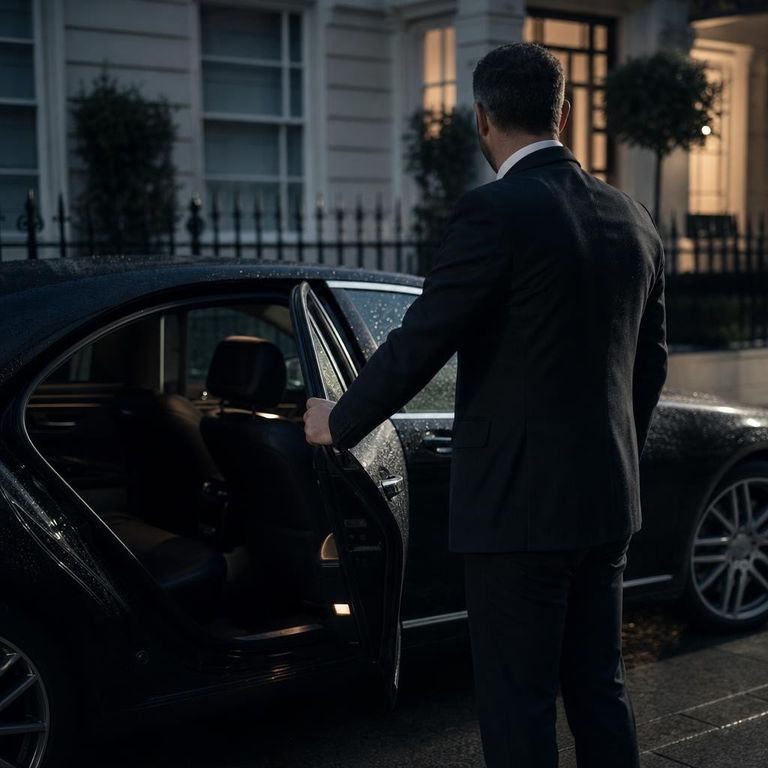 A chauffeur holds the rear door of a black saloon open outside a London mansion block at dusk.