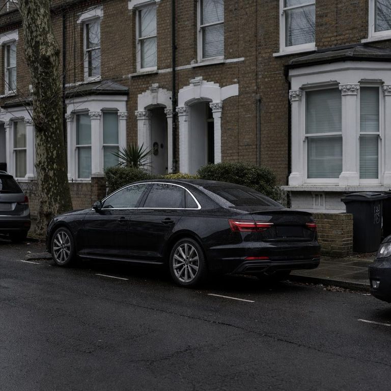 A dark saloon parked on a residential street of Victorian brick terraces in London on an overcast afternoon.