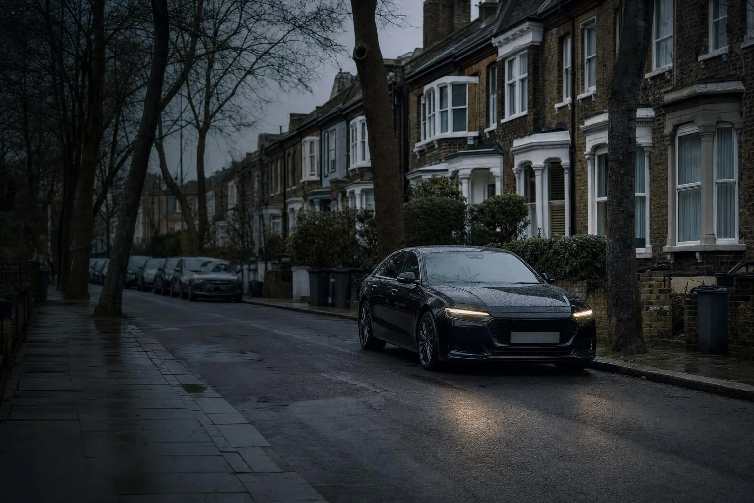 A dark saloon parked at the kerb of a residential London street of Victorian brick terraces on an overcast afternoon.