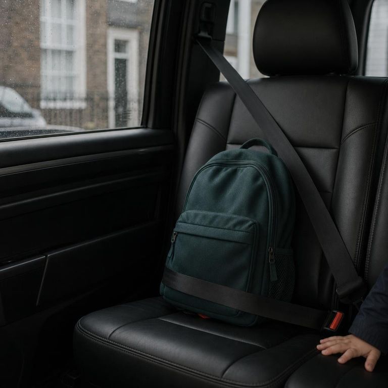 A small school backpack secured by a seatbelt on the rear seat of a clean people-carrier, a child’s hand resting on the seat beside it.